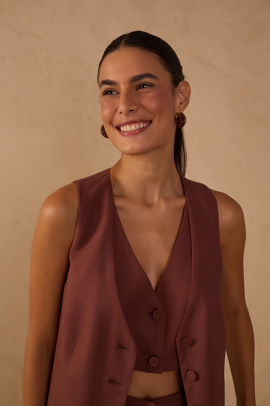 Brown Overlapped Buttoned Sleeveless Vest