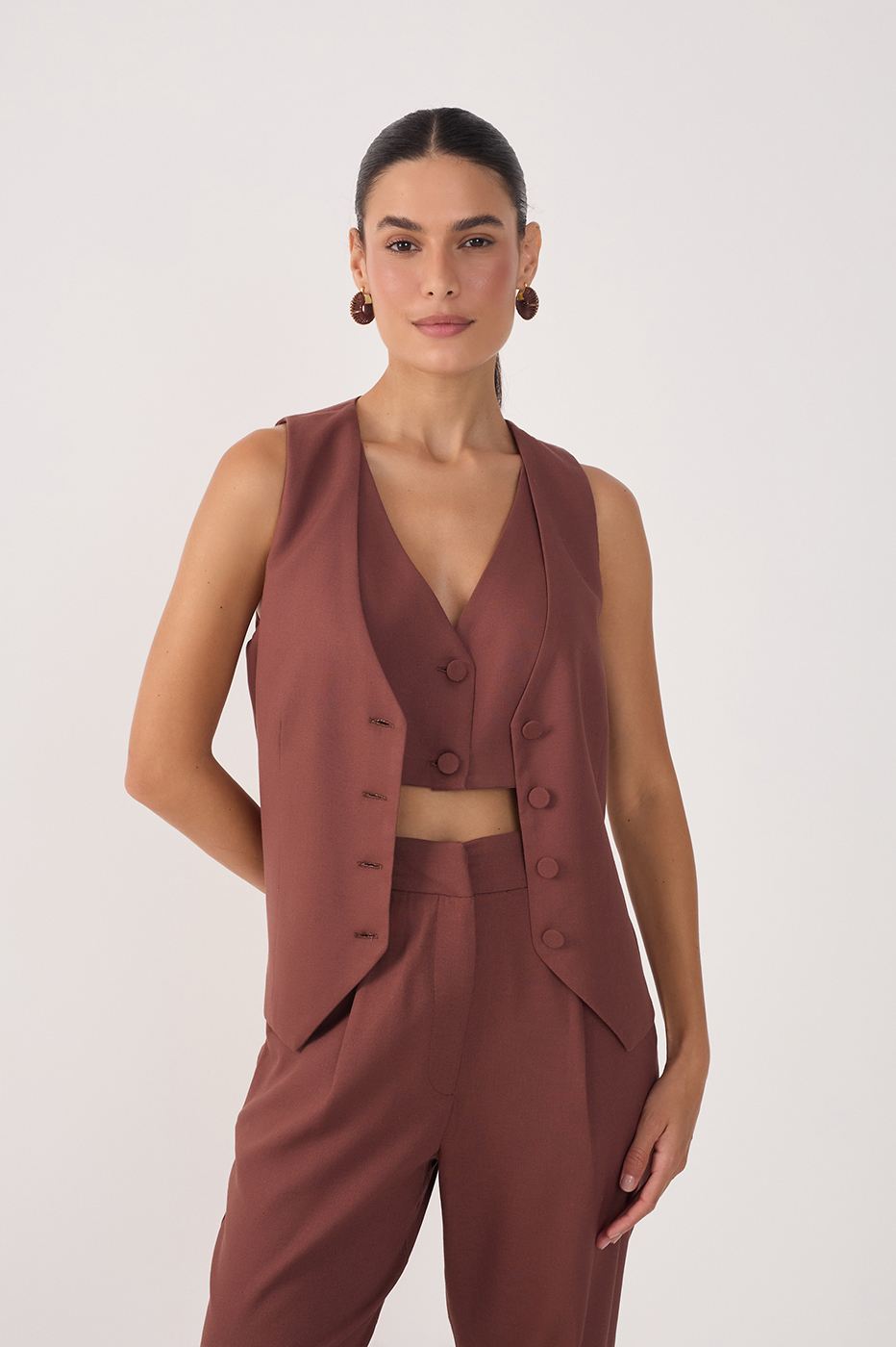 Brown Overlapped Buttoned Sleeveless Vest