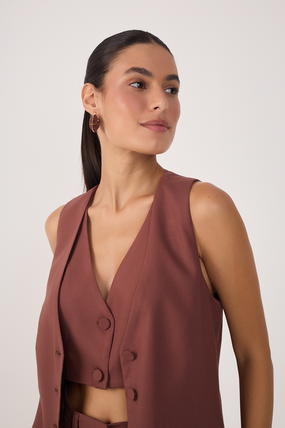 Brown Overlapped Buttoned Sleeveless Vest
