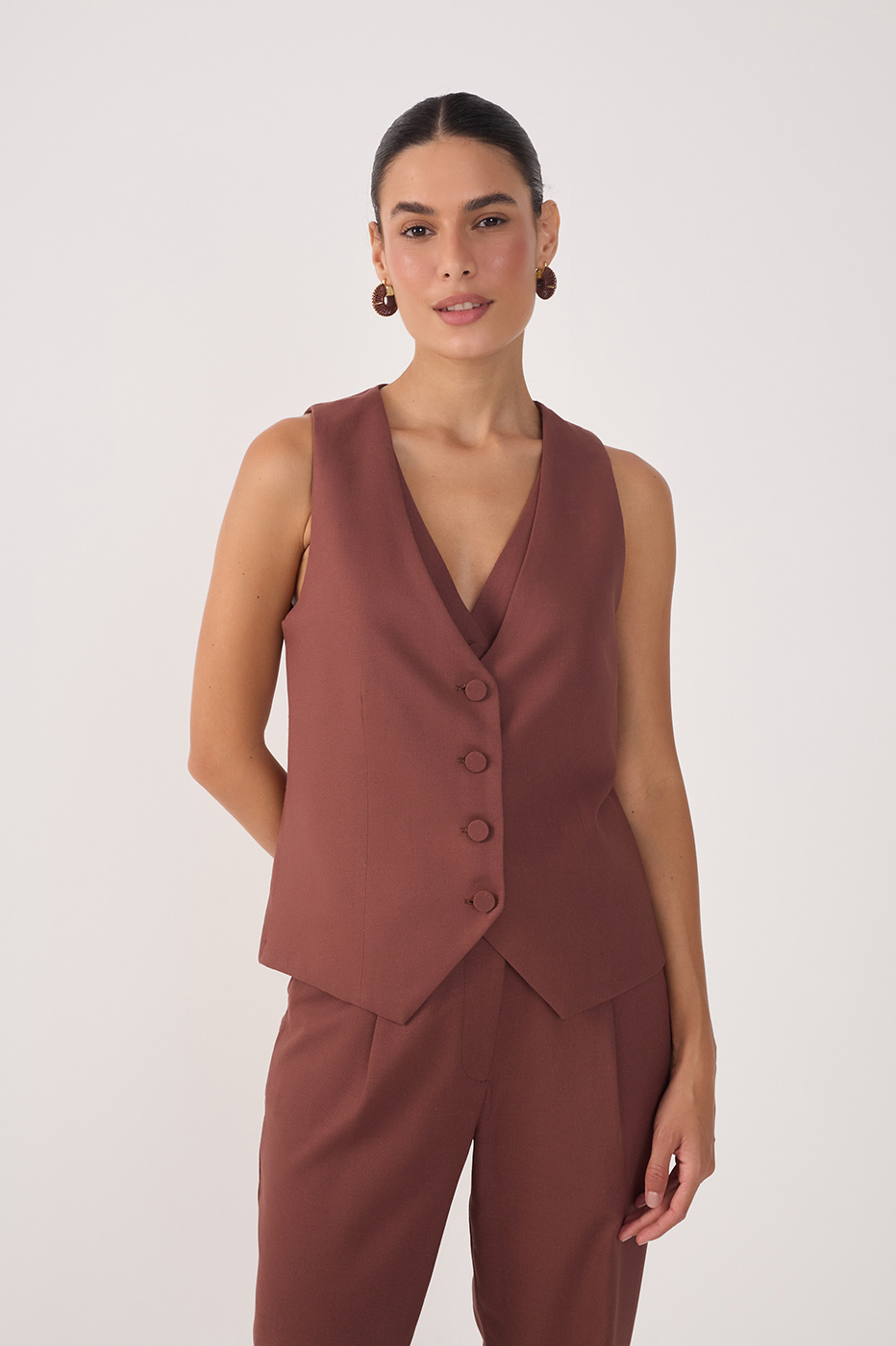 Brown Overlapped Buttoned Sleeveless Vest