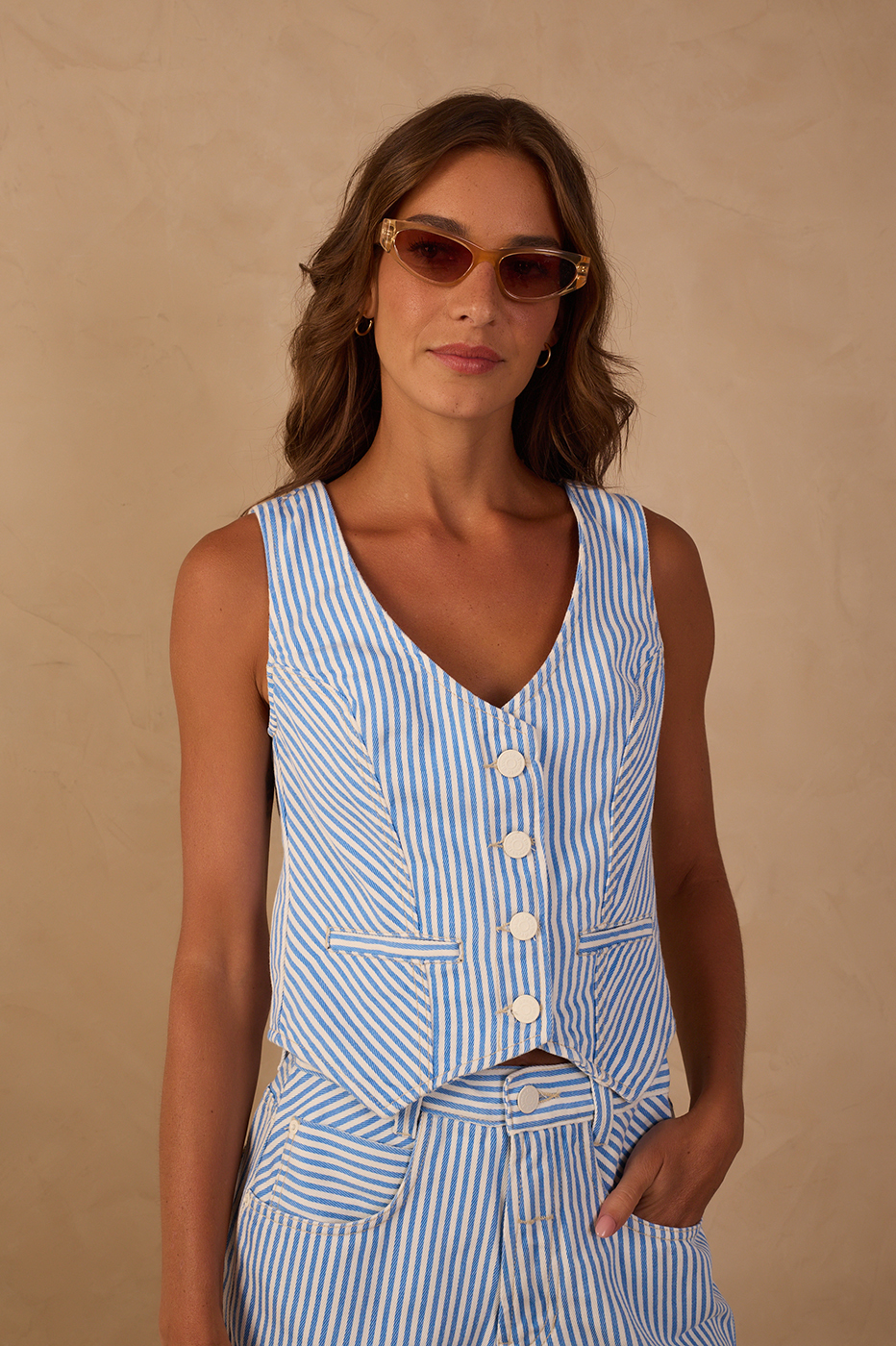 Blue Stripes Buttoned Sleeveless Twill Vest