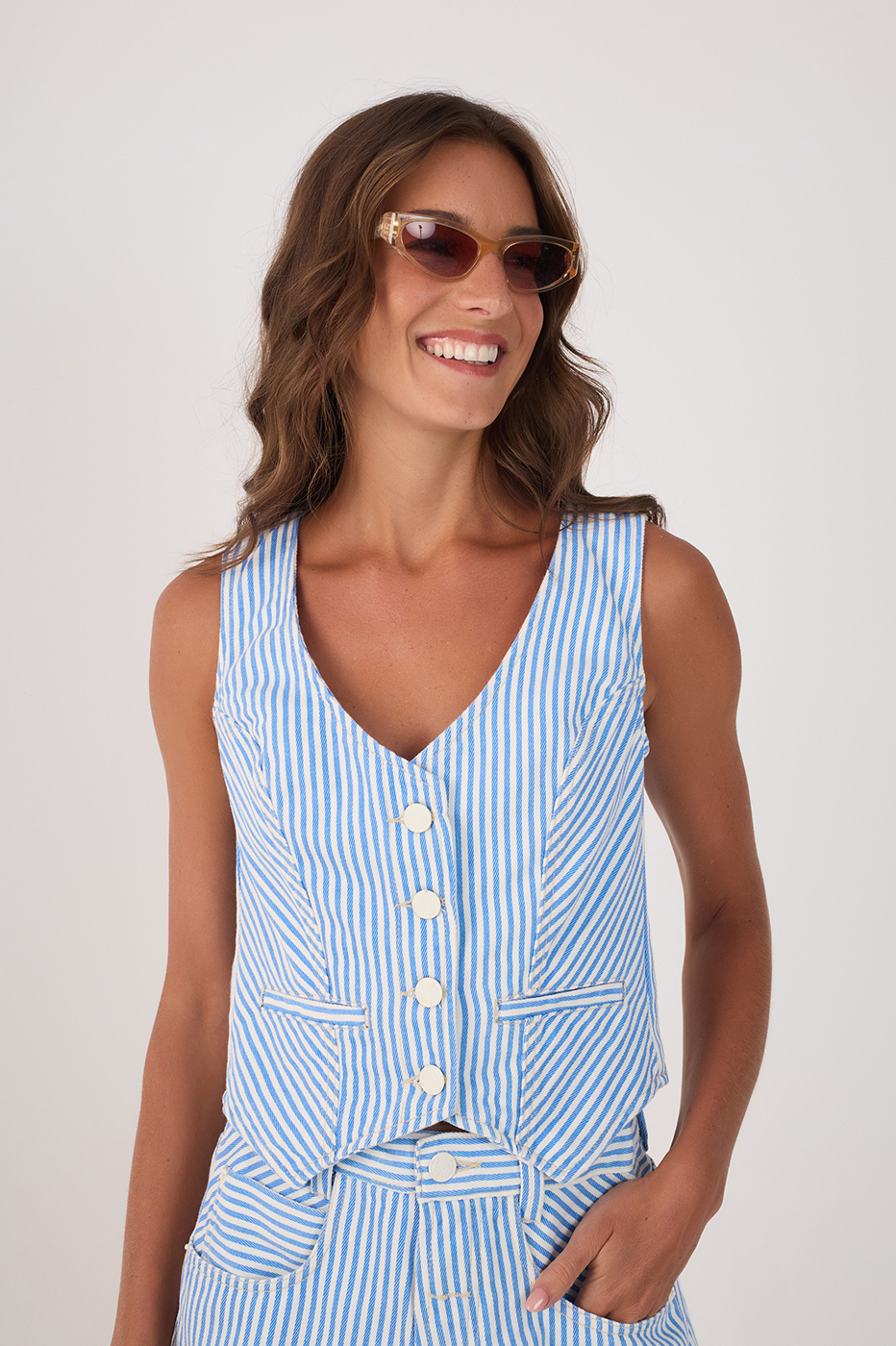 Blue Stripes Buttoned Sleeveless Twill Vest