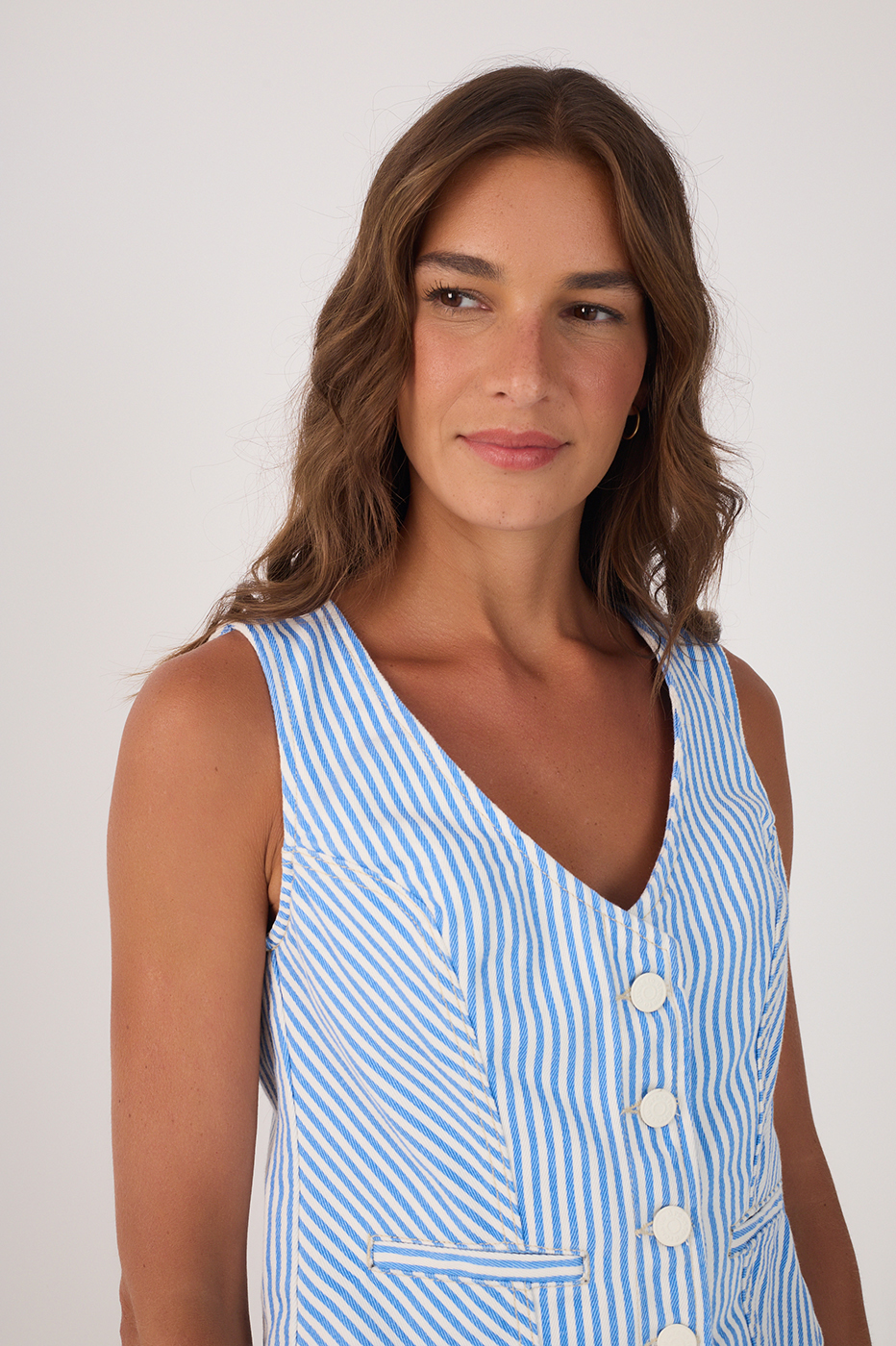Blue Stripes Buttoned Sleeveless Twill Vest