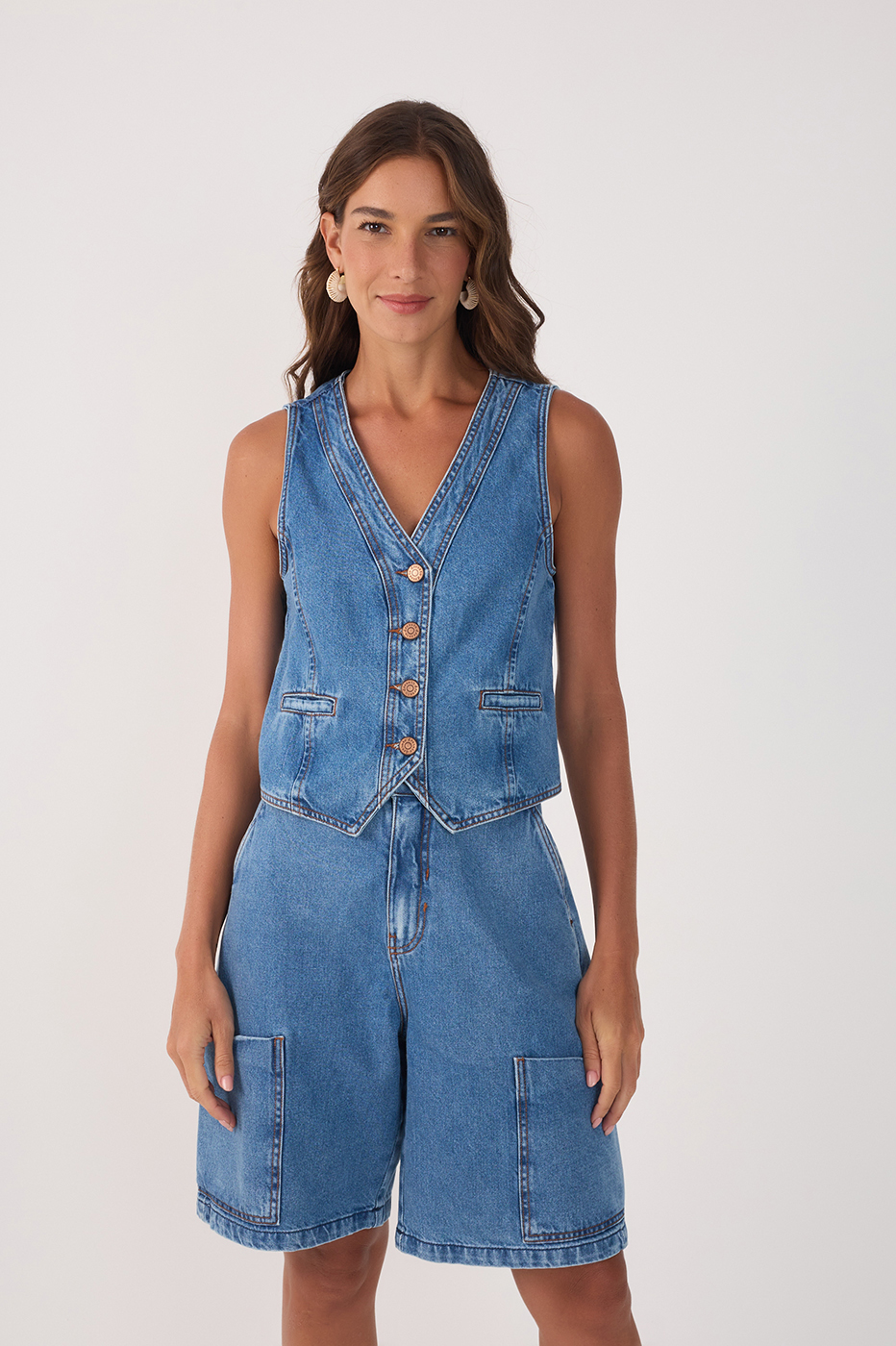 Denim V Neck Buttoned Sleeveless Vest