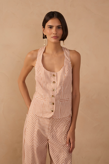 Red Stripes Topstitching Buttoned Twill Vest