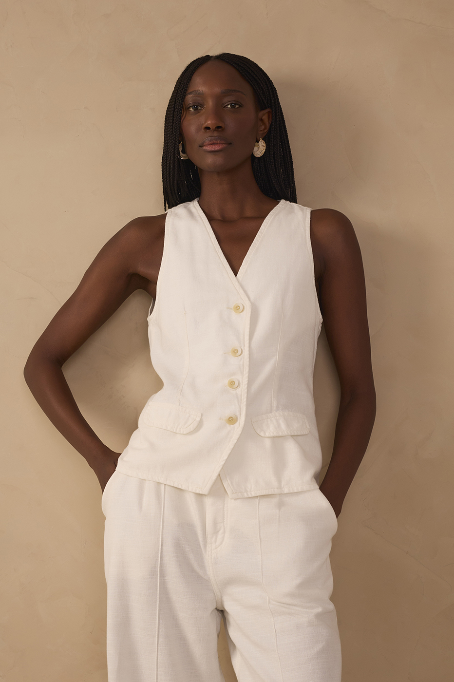 Off-White Buttoned Sleeveless Back Ties Twill Vest