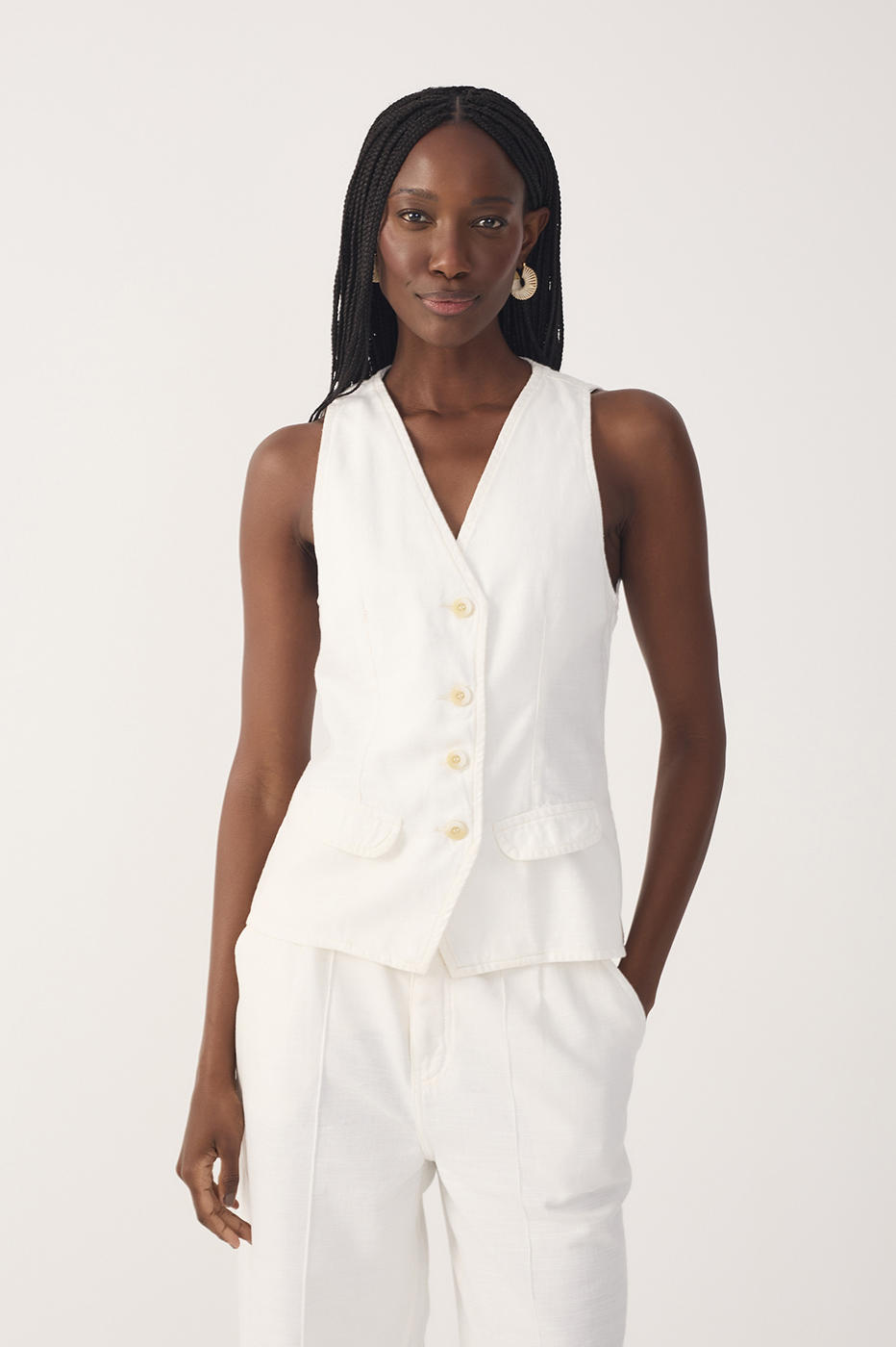 Off-White Buttoned Sleeveless Back Ties Twill Vest