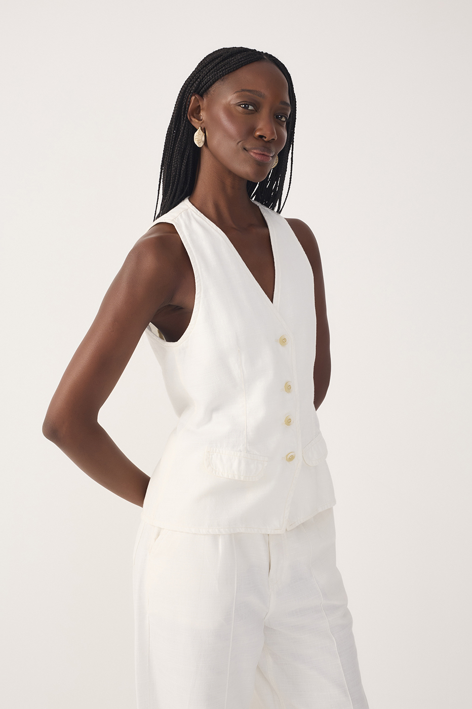 Off-White Buttoned Sleeveless Back Ties Twill Vest