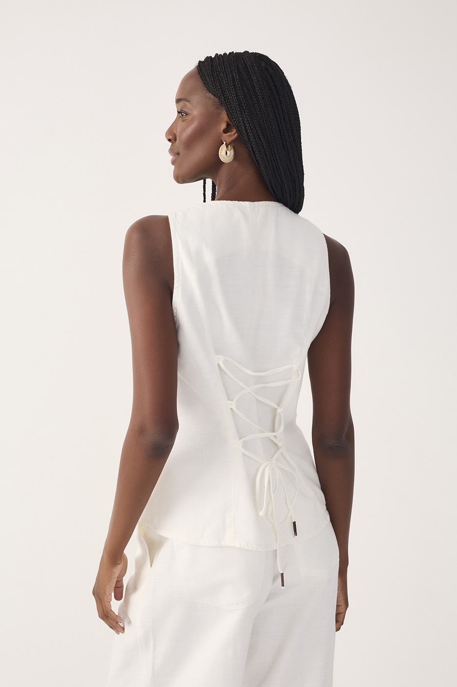 Off-White Buttoned Sleeveless Back Ties Twill Vest