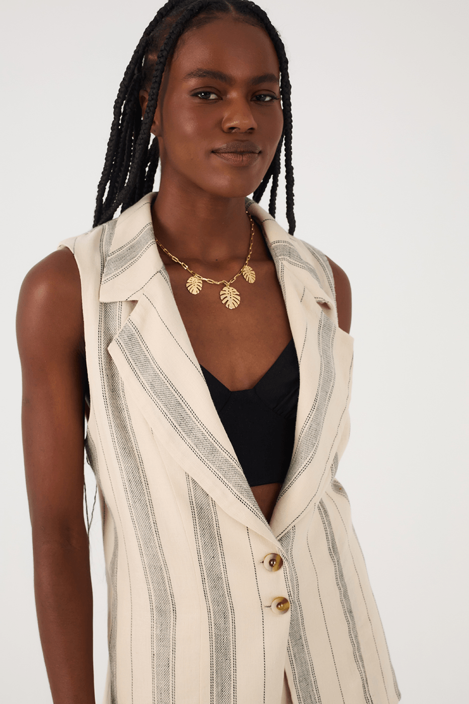 Sand Stripes Buttoned Notched Lapel Sleeveless Linen Vest