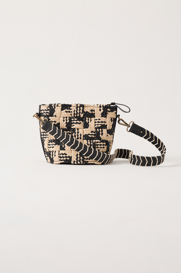 Natural And Black Straw Crossbody Bucket Bag