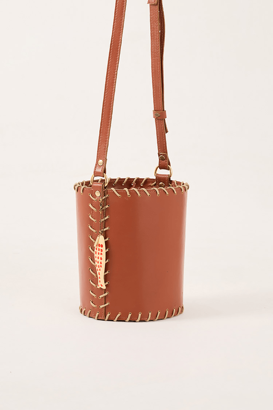 Brown Adjustable Strap Stitching Bucket Bag