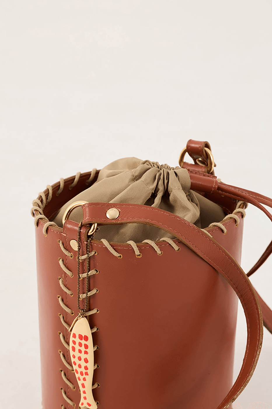 Brown Adjustable Strap Stitching Bucket Bag