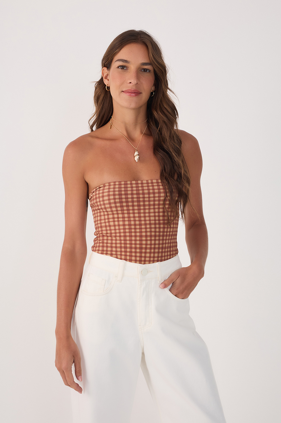 Beige Vichy Strapless One-Piece Bodysuit