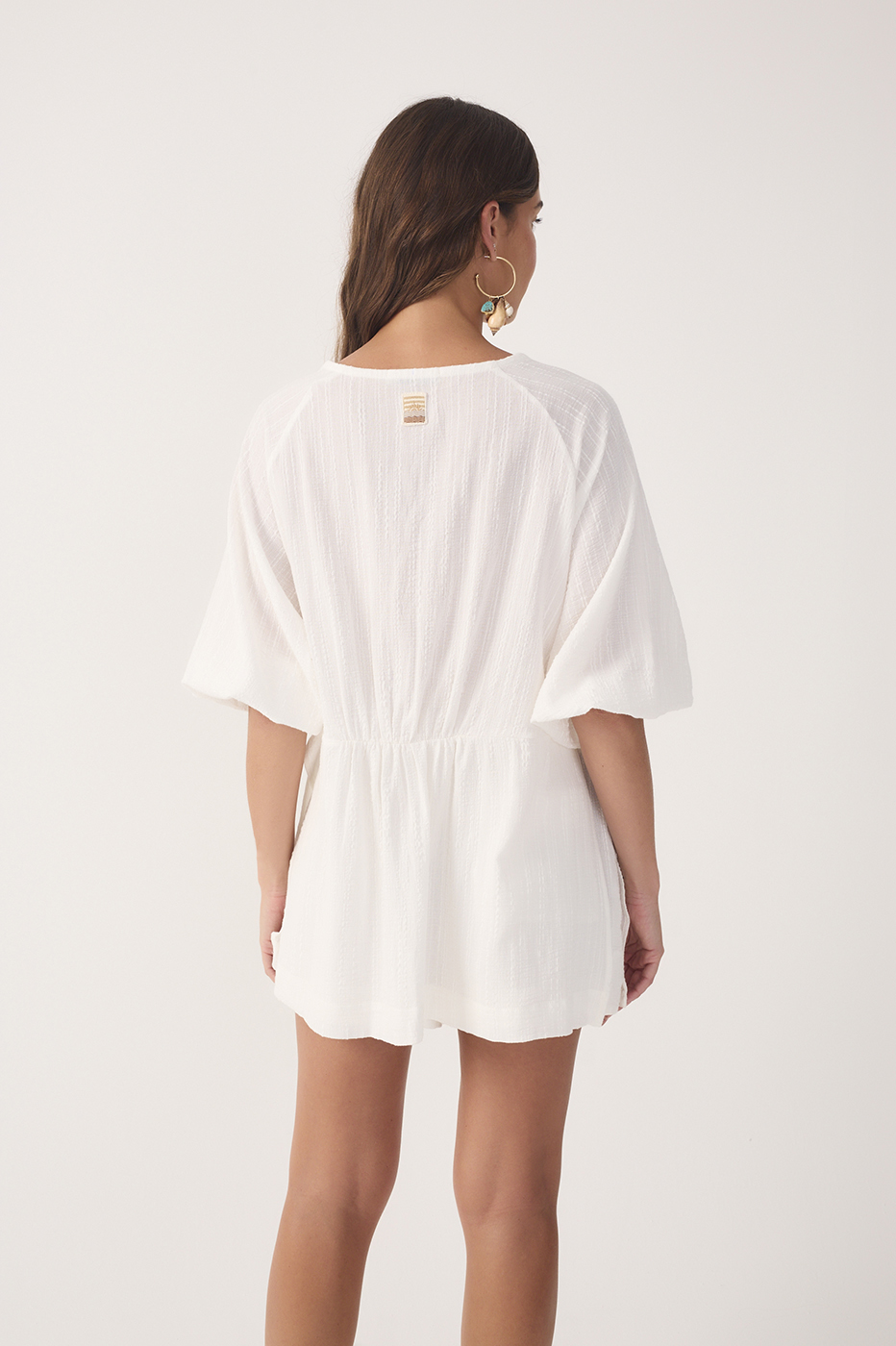 Off-White V Neck Front Ties Puff Sleeve Blouse