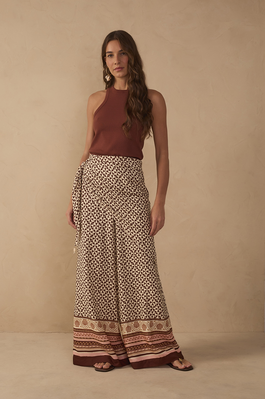 Beige Solst¨ªcio Wide-Leg Pants with Scarf