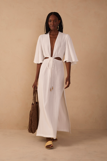Off-White Plunging Neck Cut-Out Front Ties Maxi Dress
