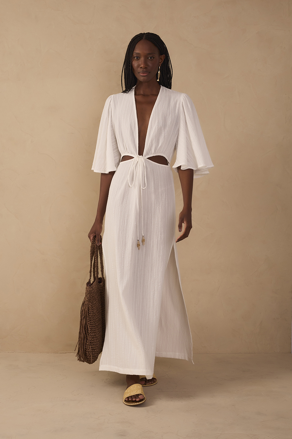 Off-White Plunging Neck Cut-Out Front Ties Maxi Dress