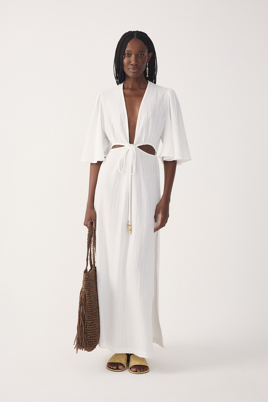 Off-White Plunging Neck Cut-Out Front Ties Maxi Dress
