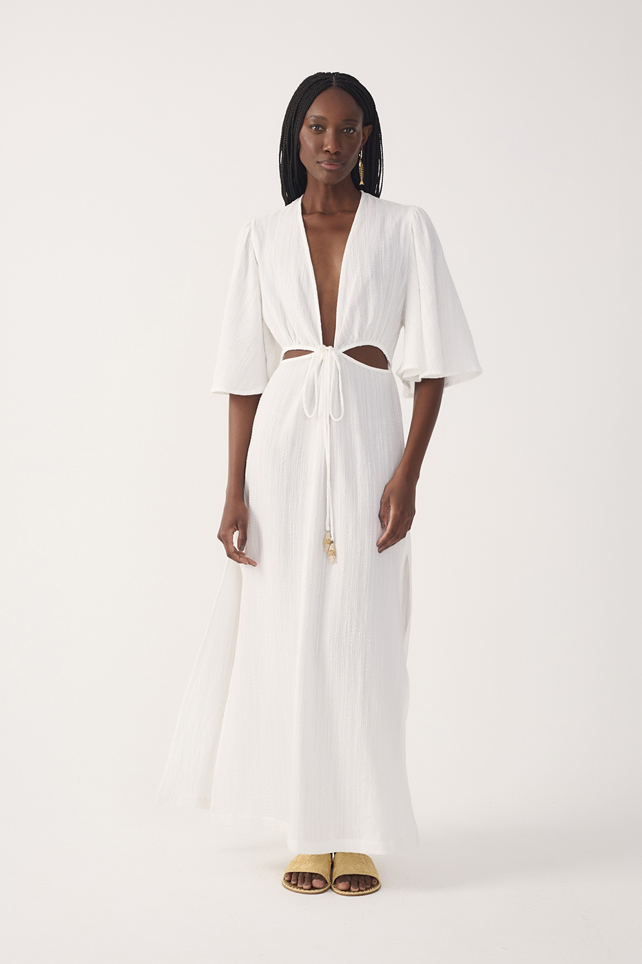Off-White Plunging Neck Cut-Out Front Ties Maxi Dress