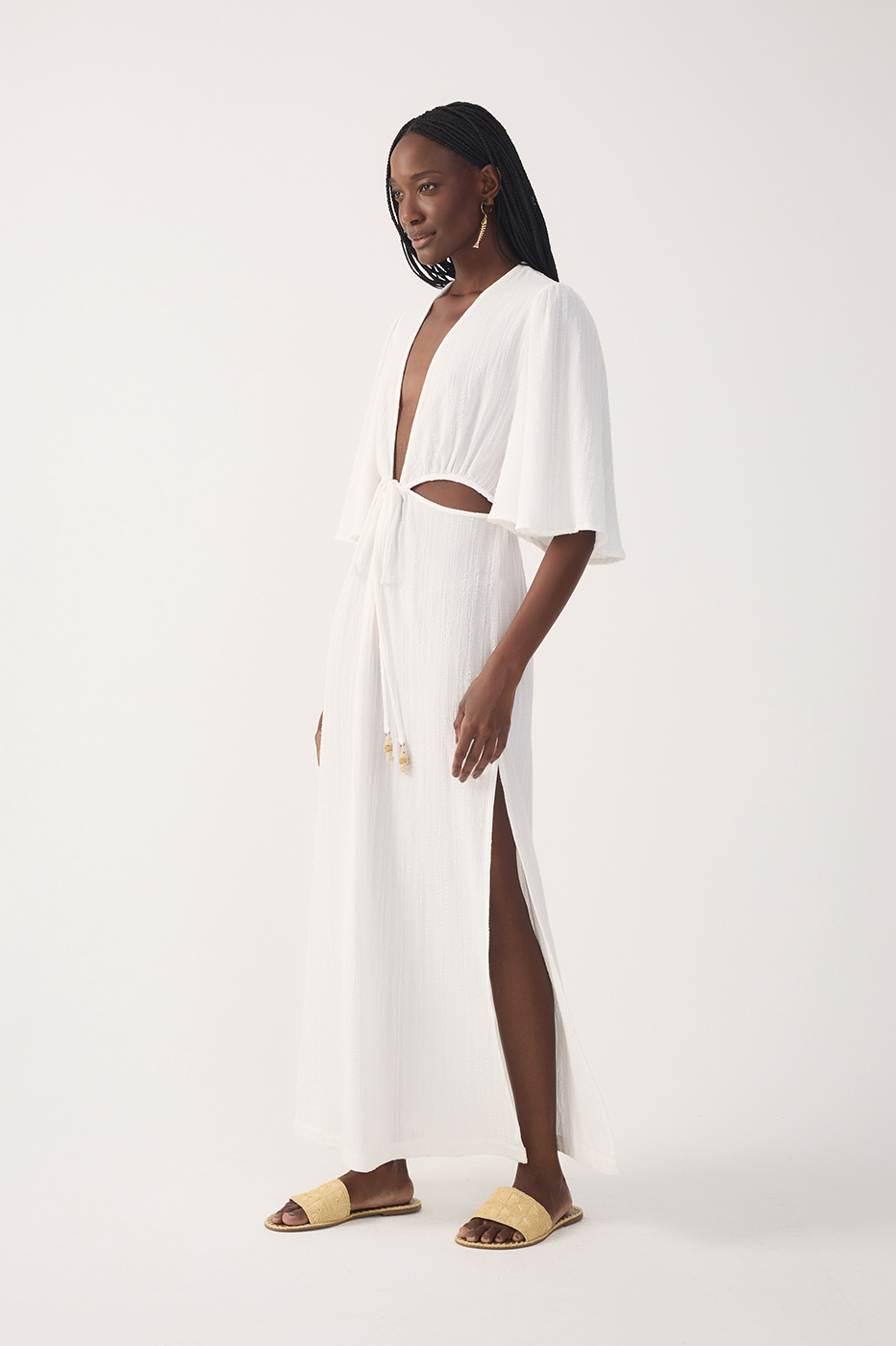 Off-White Plunging Neck Cut-Out Front Ties Maxi Dress