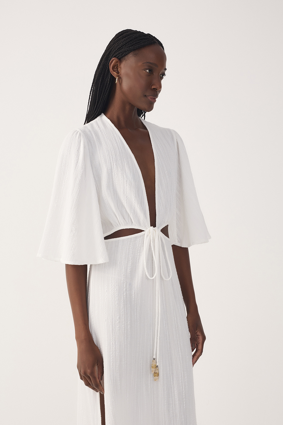 Off-White Plunging Neck Cut-Out Front Ties Maxi Dress
