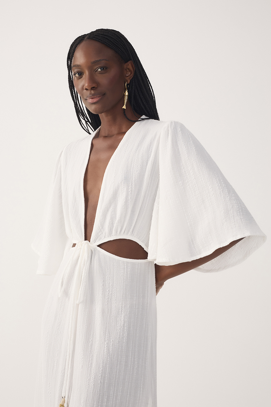 Off-White Plunging Neck Cut-Out Front Ties Maxi Dress