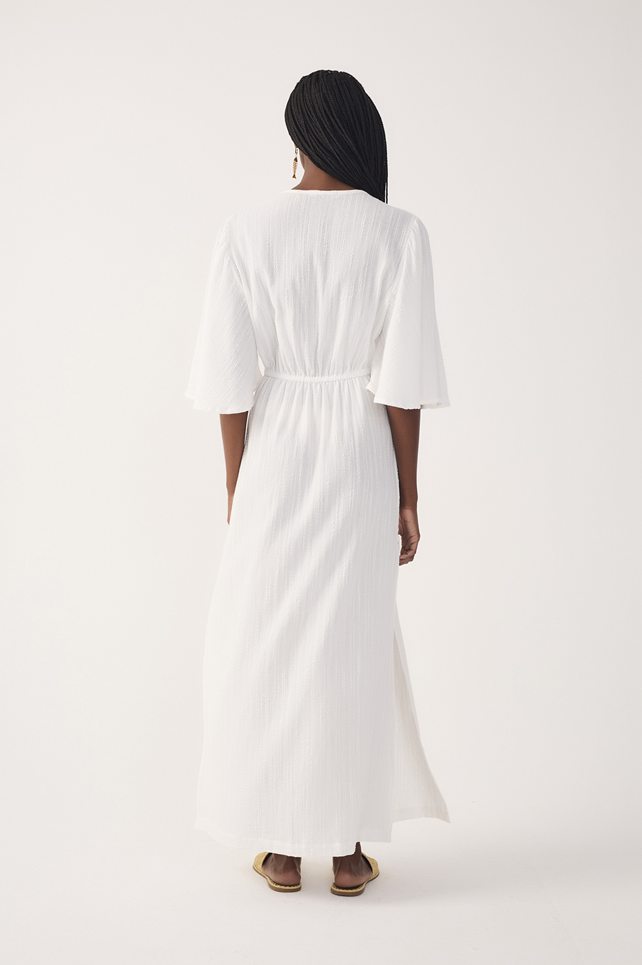Off-White Plunging Neck Cut-Out Front Ties Maxi Dress