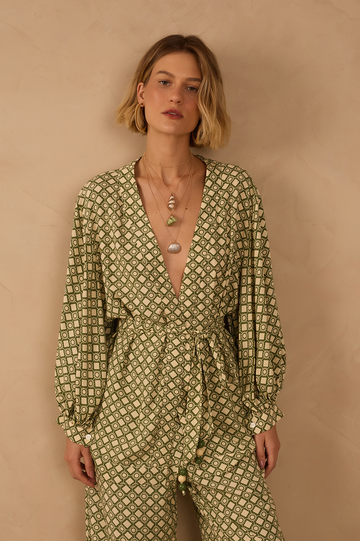 Green Amanhecer V Neck Belted Kimono