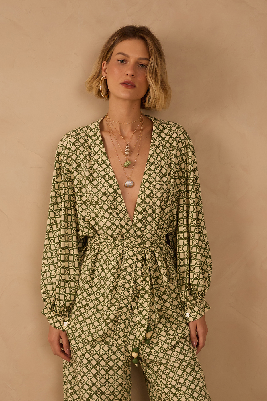 Green Amanhecer V Neck Belted Kimono