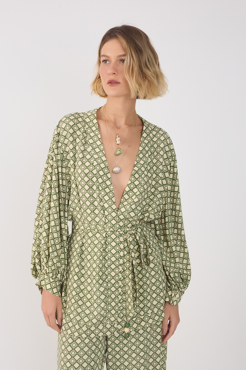 Green Amanhecer V Neck Belted Kimono