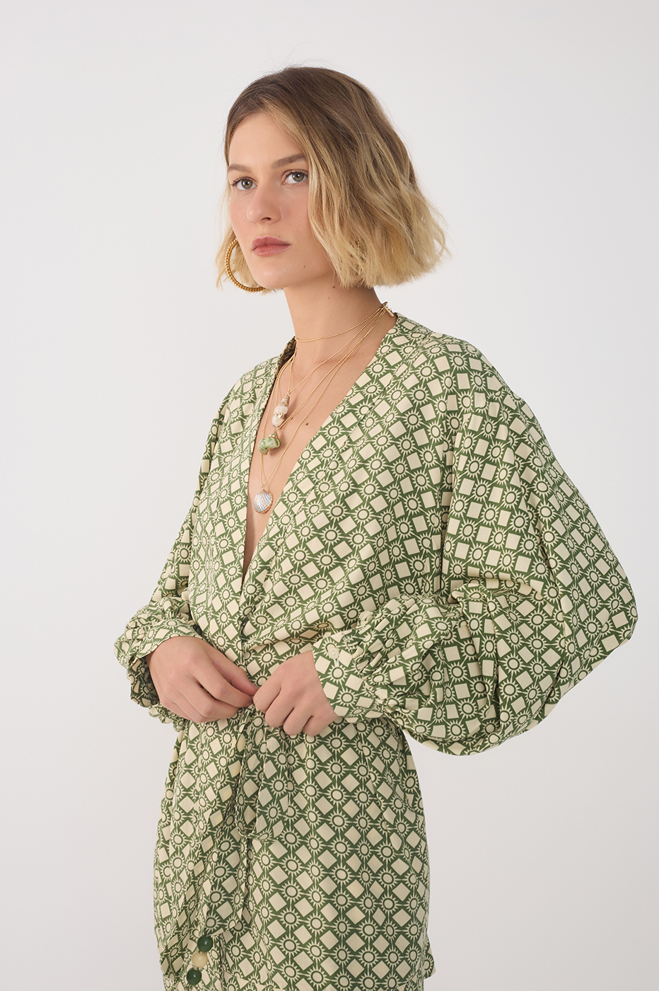 Green Amanhecer V Neck Belted Kimono