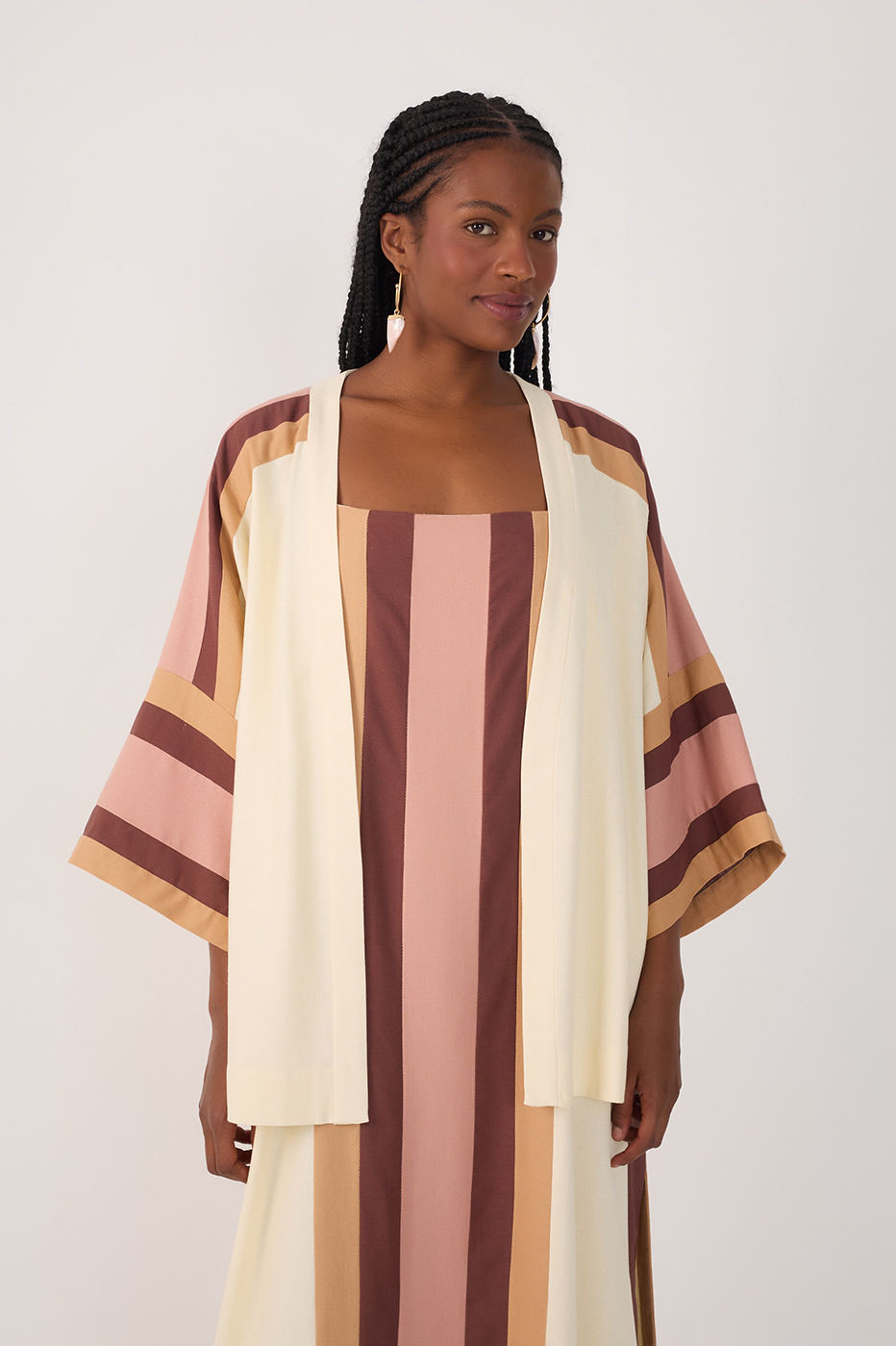 Multicolor Embroidered Open Linen Kimono