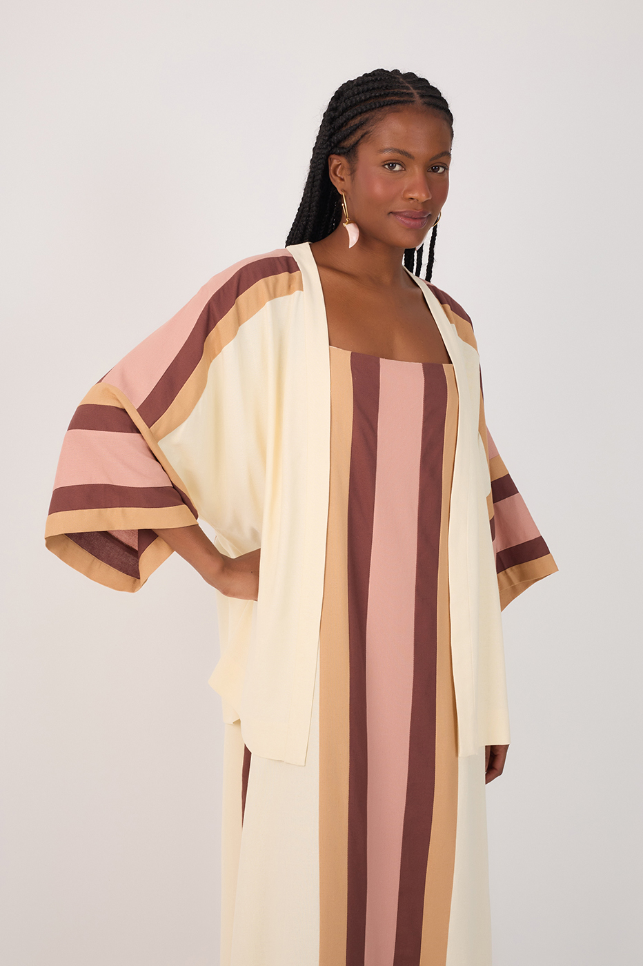 Multicolor Embroidered Open Linen Kimono