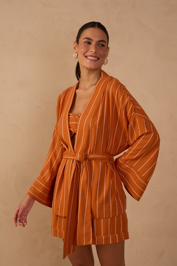 Ochre Striped Open Belted Linen Kimono