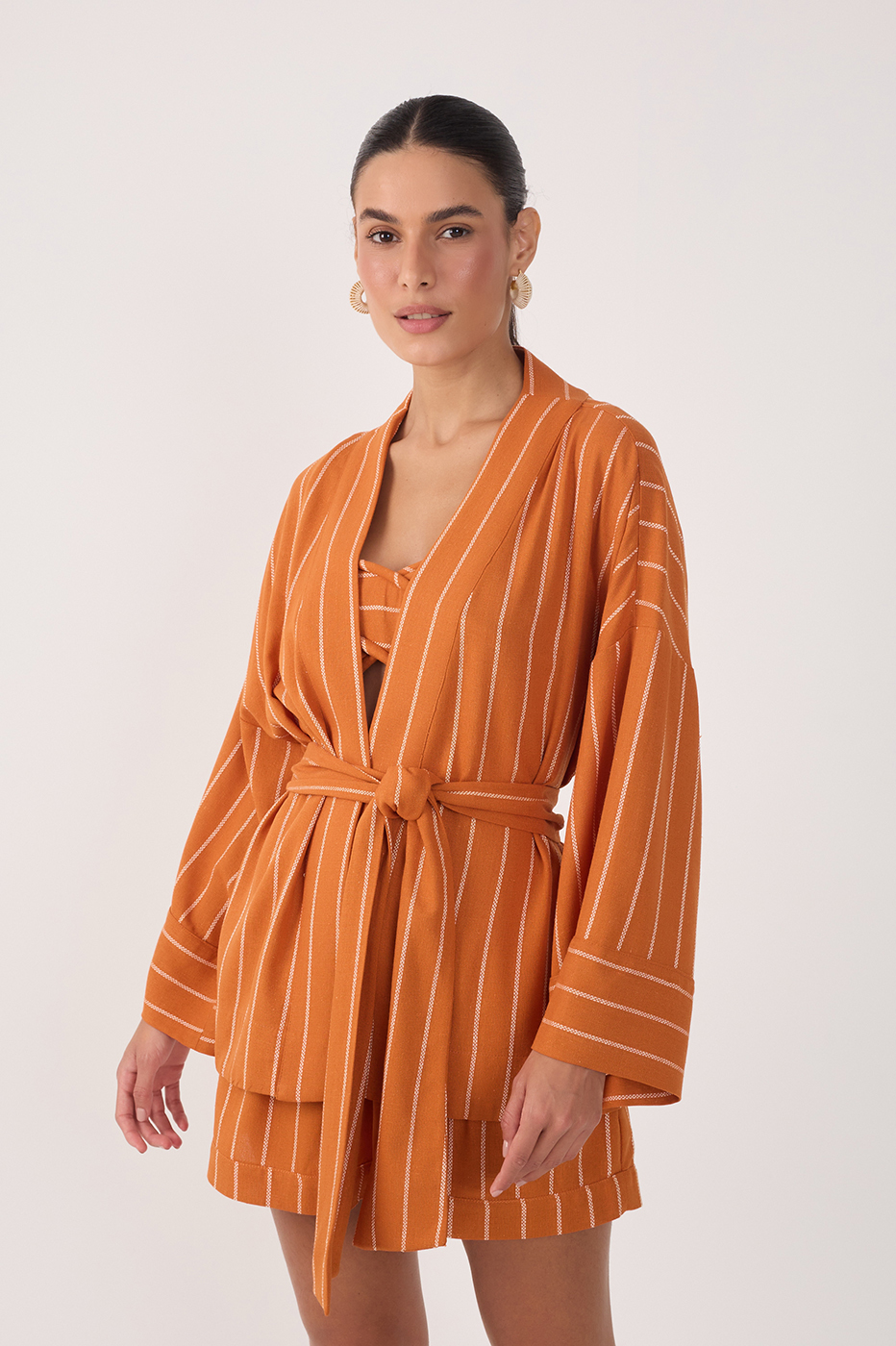 Ochre Striped Open Belted Linen Kimono
