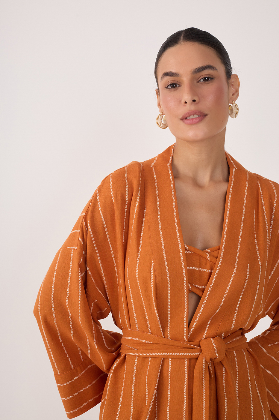 Ochre Striped Open Belted Linen Kimono