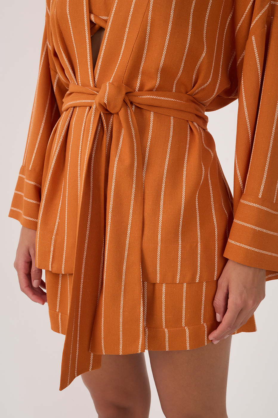 Ochre Striped Open Belted Linen Kimono