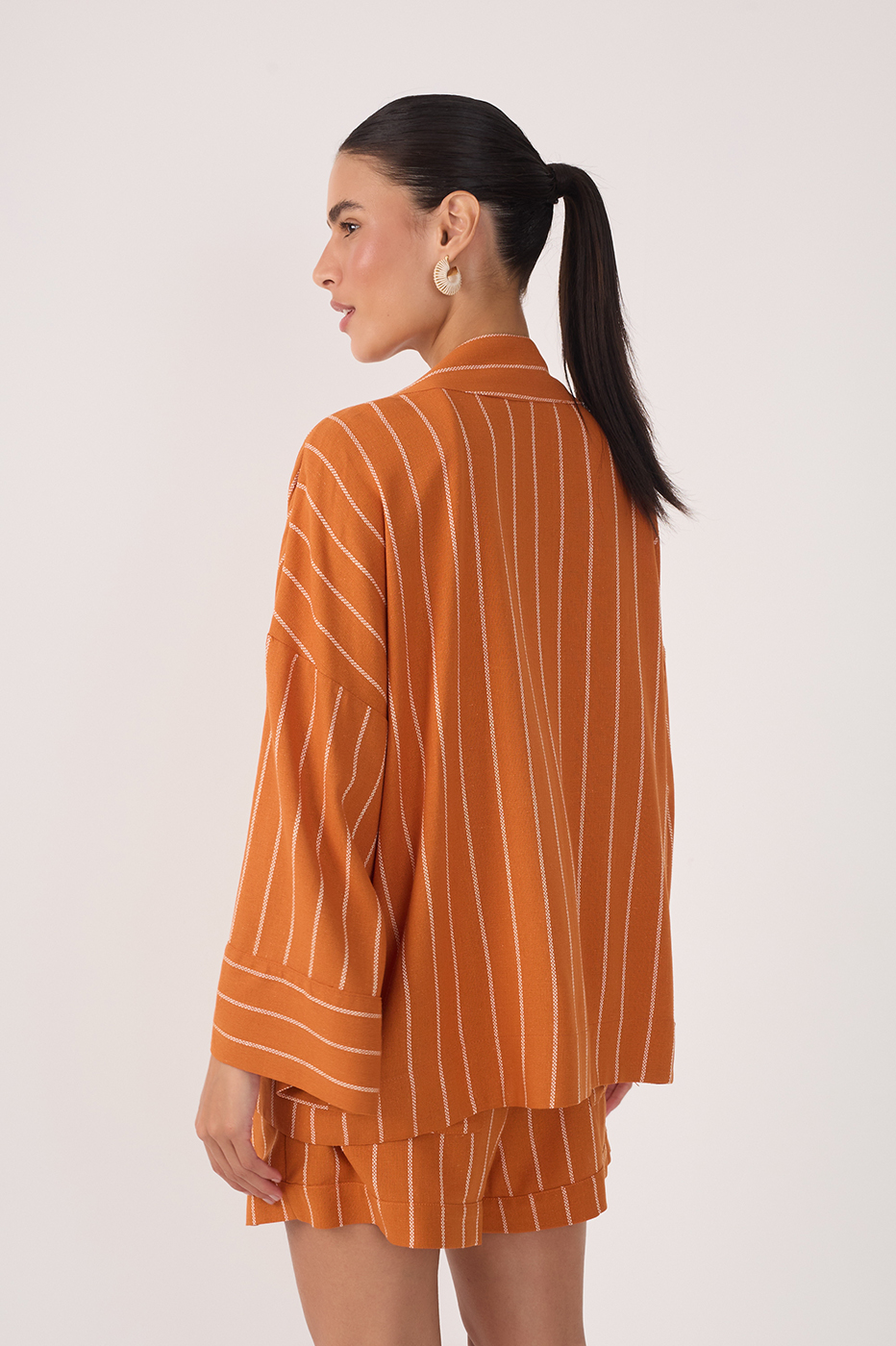 Ochre Striped Open Belted Linen Kimono